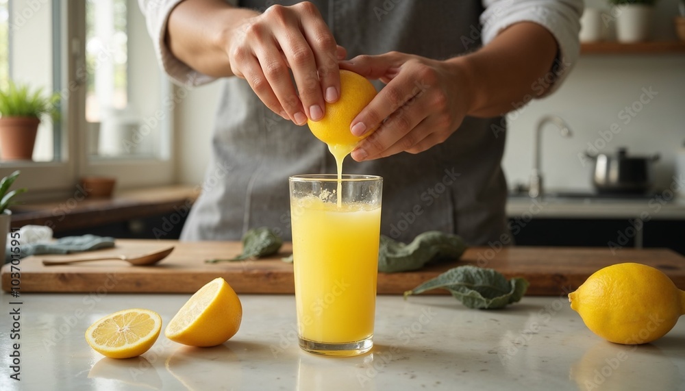Squeezing Fresh Lemon Juice into a Glass in a Bright Kitchen Squeezing Fresh Lemon Juice into a Glass in a Bright Kitchen