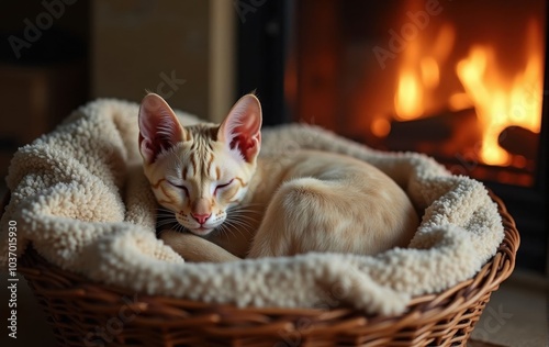 A Devon Rex cat curled up in a basket filled with soft blankets photo