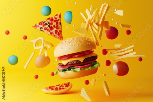 Colorful stylized abstractions of burgers, pizza, and fries float against a cheerful yellow backdrop, evoking a playful fast food atmosphere. Generative AI photo