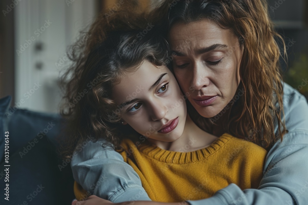 A young mother comforts her worried daughter at home during a quiet evening, expressing love and support in a moment of distress A young mother comforts her worried daughter at home during a quiet evening, expressing love and support in a moment of distress