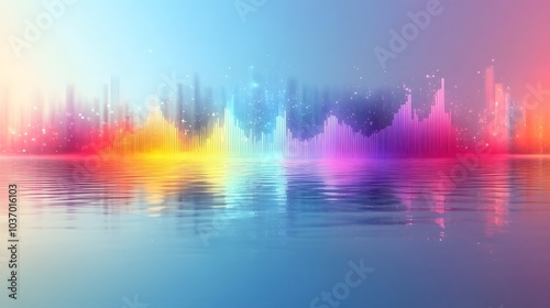 Colorful sound wave visualization on a light blue background, displaying a vibrant spectrum with neon glow and dynamic energy bars in a futuristic design. photo