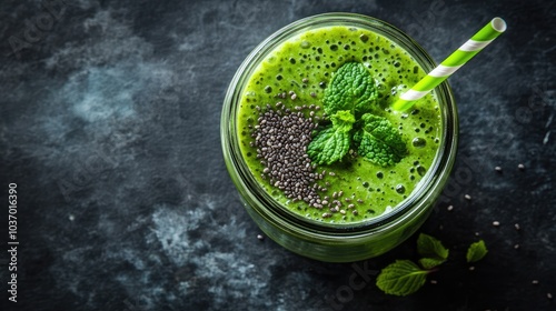 Green Smoothie in Jar with Mint and Chia Seeds