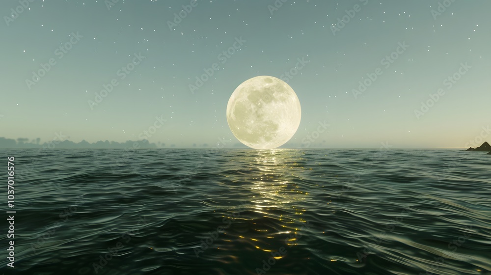 A large glowing supermoon rising above the calm ocean horizon. artwork, illustration,astronomy, astrophysics, celestial body, lunar cycle, tides,beauty, wonder, awe, inspiration A large glowing supermoon rising above the calm ocean horizon. artwork, illustration,astronomy, astrophysics, celestial body, lunar cycle, tides,beauty, wonder, awe, inspiration