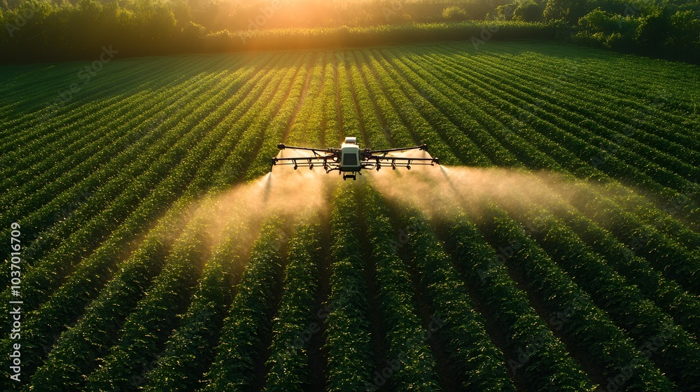 Drone spraying pesticide over a green agricultural field at sunset, depicting precision farming with a hovering quadcopter and misty spray.