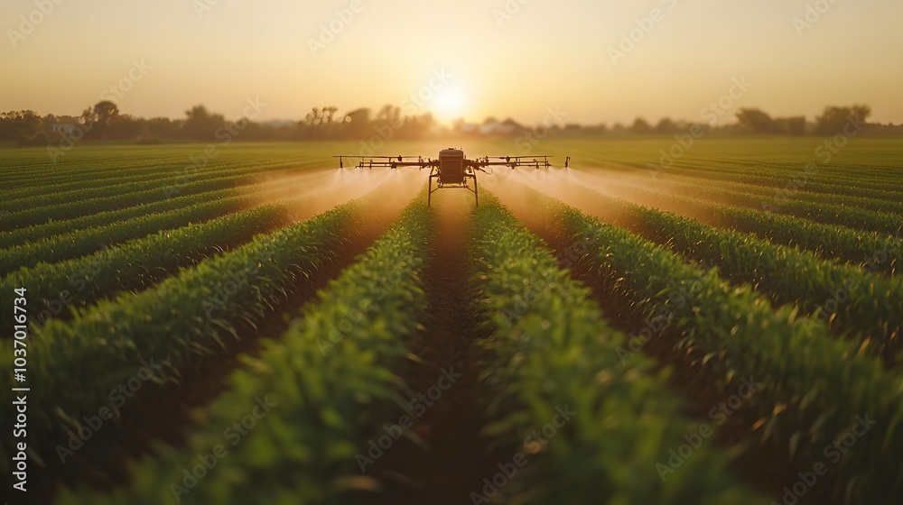 Drone spraying pesticide over a green agricultural field at sunset, depicting precision farming with a hovering quadcopter and misty spray. Drone spraying pesticide over a green agricultural field at sunset, depicting precision farming with a hovering quadcopter and misty spray.