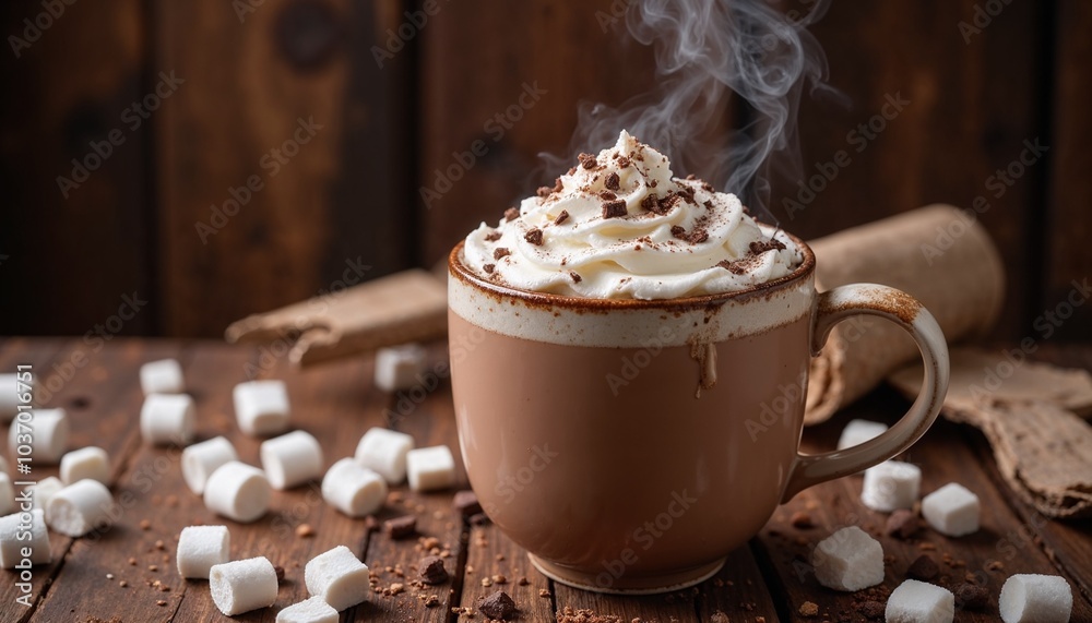 Steaming mug of hot chocolate with marshmallows on rustic wooden table with festive decorations Steaming mug of hot chocolate with marshmallows on rustic wooden table with festive decorations