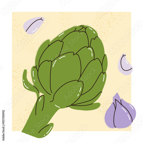 Modern trending illustration of artichoke with garlic. Food illustration Artichoke flower edible buds. French artichoke, globe artichoke  cynara cardunculus flower bud, healthy veggie greens