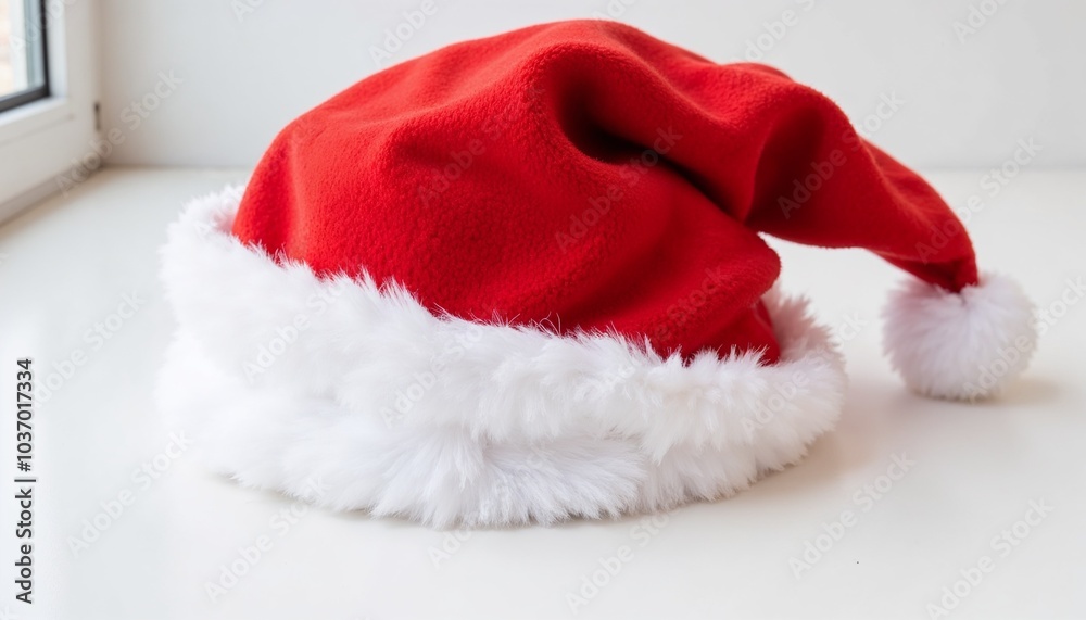Festive red Santa hat on white surface with copy space Festive red Santa hat on white surface with copy space