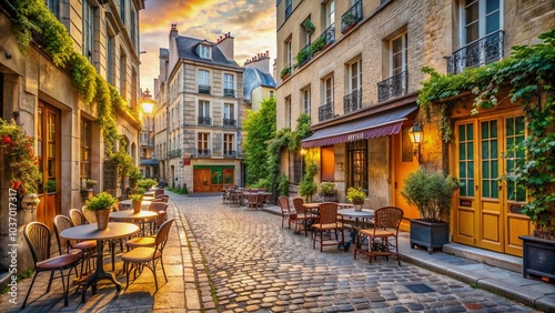 Fototapeta Naklejka Na Ścianę i Meble -  Vibrant Parisian street scene featuring quaint café tables and chairs nestled between ancient stone buildings, surrounded by charming cobblestone alleys and soft morning light.