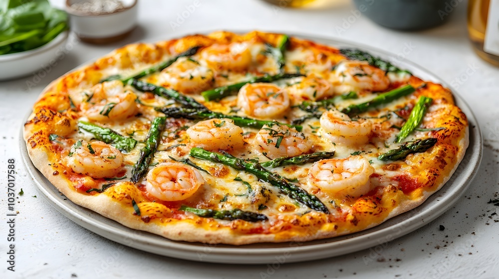 Gourmet shrimp and asparagus pizza on a ceramic plate, styled with rustic food photography, warm lighting, and appetizing textures for a culinary presentation. Gourmet shrimp and asparagus pizza on a ceramic plate, styled with rustic food photography, warm lighting, and appetizing textures for a culinary presentation.