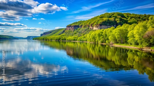 Serene spring landscape of Mississippi River Lake Pepin featuring lush green forests, majestic bluffs, and a tranquil waterway reflecting vibrant blue skies. photo