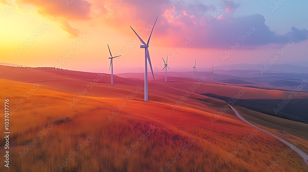 Obraz premium Wind turbines stand tall in a field of golden grass at sunset, with a winding road snaking through the landscape.