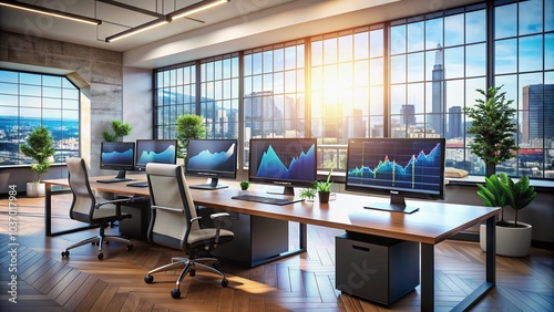 A modern office interior with multiple screens displaying upward-trending graphs and charts, symbolizing business growth and financial success in a bright and airy atmosphere.