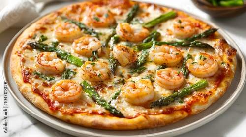 Gourmet shrimp and asparagus pizza on a ceramic plate, styled with rustic food photography, warm lighting, and appetizing textures for a culinary presentation.