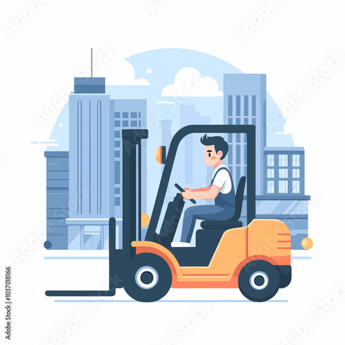 A man is driving a forklift in a city