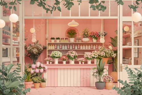 Floral shop with modern interior design, showcasing seasonal flower bouquets.