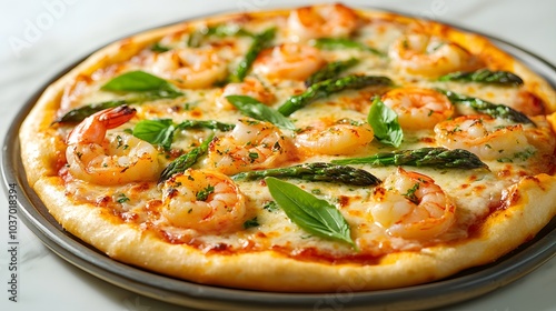 Gourmet shrimp and asparagus pizza on a ceramic plate, styled with rustic food photography, warm lighting, and appetizing textures for a culinary presentation.