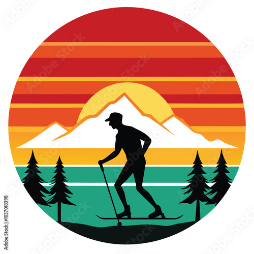 Retro Skiing Vector Illustration with Striped Sunset Background