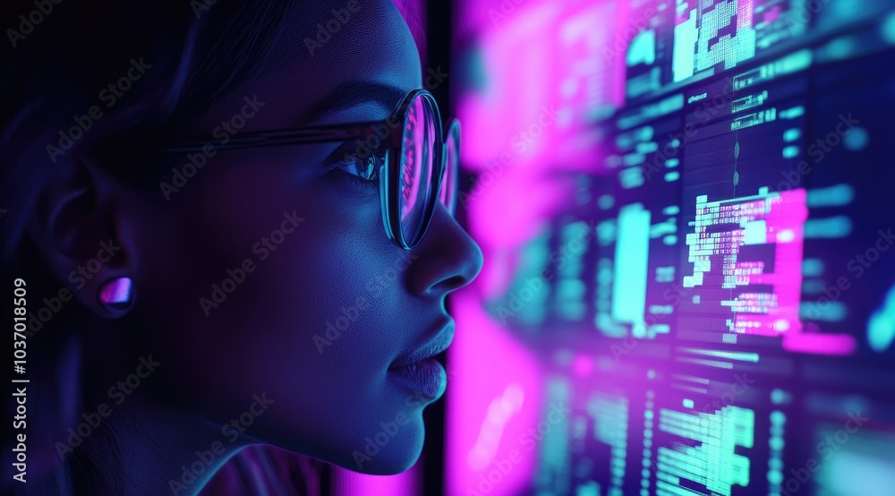 A profile of a woman analyzing data on a screen with vibrant neon colors. A profile of a woman analyzing data on a screen with vibrant neon colors.
