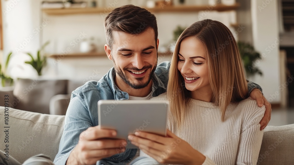 Capturing Joy: A Romantic Moment with a Couple Cozying Up on the Couch, Enjoying Time Together While Engaging with Their Tablet Capturing Joy: A Romantic Moment with a Couple Cozying Up on the Couch, Enjoying Time Together While Engaging with Their Tablet