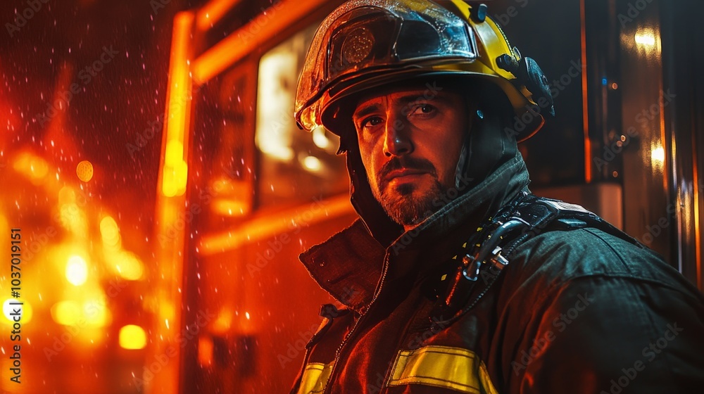 Bravery in the Face of Fire: A Portrait of a Firefighter Amidst the Chaos and Flames of a Night Call Bravery in the Face of Fire: A Portrait of a Firefighter Amidst the Chaos and Flames of a Night Call