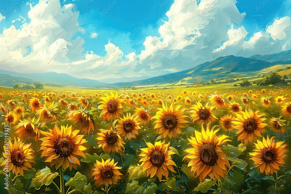 Obraz premium Summer landscape beautiful fields of blooming sunflowers against the background of the summer sky oil painting.