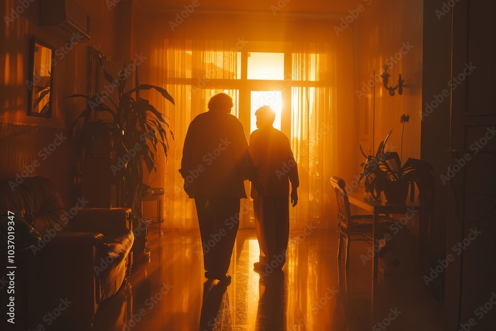 Silhouette of two old people in the corridor of a hospital or nursing home Silhouette of two old people in the corridor of a hospital or nursing home
