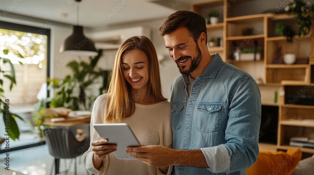 Joyful Moments: A Couple Sharing Laughter and Connection While Engaged with a Tablet in Their Stylishly Decorated Living Space