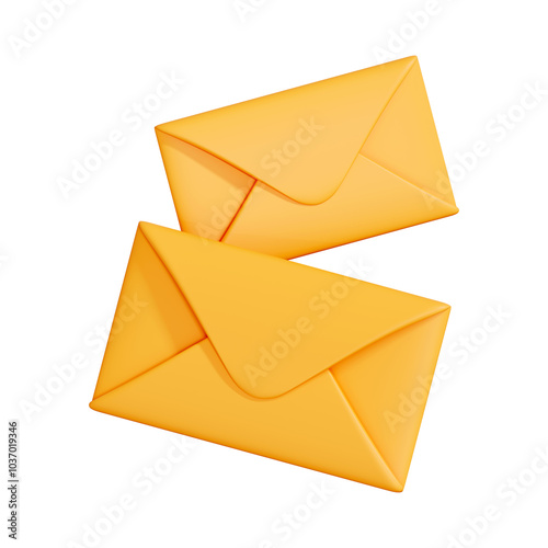 Two yellow envelopes, symbolizing communication, mail, or email exchange, isolated on a white background. 3D render illustration