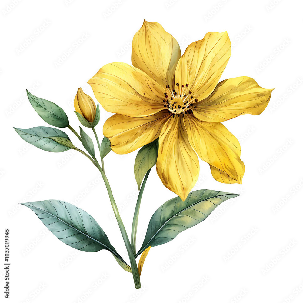 Fototapeta premium Vintage watercolor yellow flower isolated on white background, old botanical illustration
