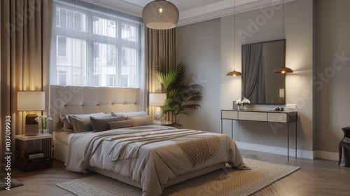 An elegant urban loft Scandinavian bedroom with a double bed an upholstered headboard