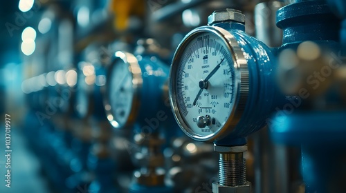 Industrial pressure gauges and valves in a blue-toned scheme, showcasing detailed mechanical instruments with metallic textures and crisp macro focus. photo