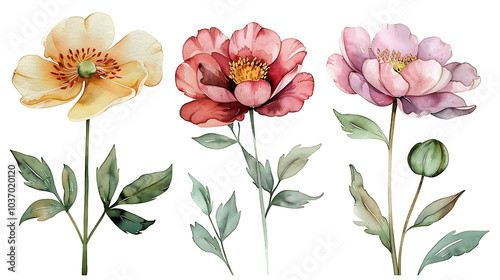 Set of colorful watercolor flowers, leaves and twigs on white background. Botanical watercolor painting for decorative invitations, posters, or cards