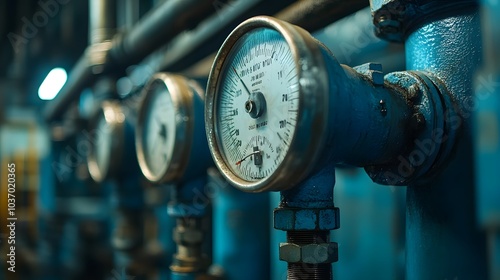 Industrial pressure gauges and valves in a blue-toned scheme, showcasing detailed mechanical instruments with metallic textures and crisp macro focus. photo