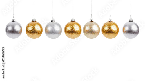 Christmas balls in silver and gold color hanging on white background. 