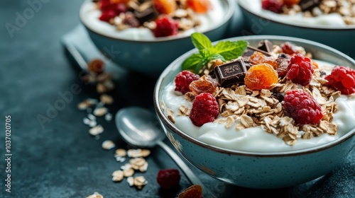 An elegant bowl filled with creamy yogurt, sprinkled with oats, chunks of dark chocolate, and topped with fresh mixed berries, garnished by a sprig of mint.