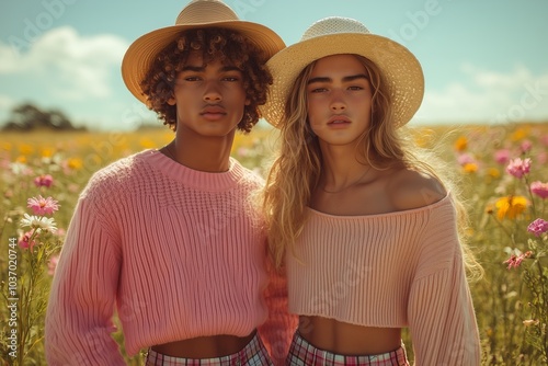 two male models wearing pink sweaters and plaid shorts, standing in the middle of a flower field, with hats on their heads, in soft pastel colors photo