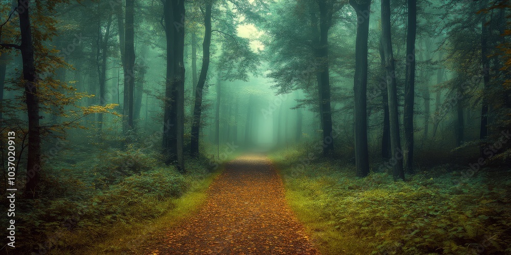 Obraz premium Mysterious winding path through a foggy forest surrounded by tall trees