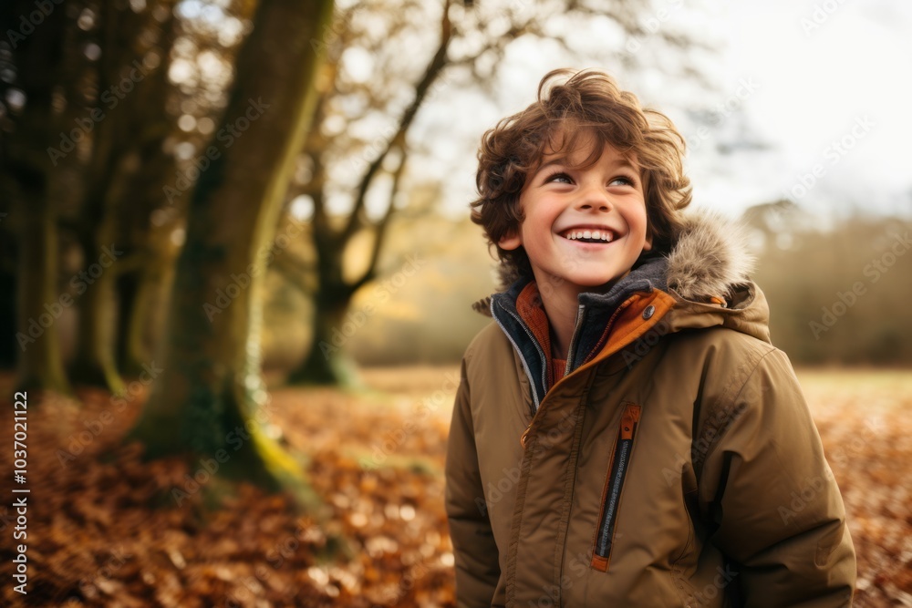 happy boy in winter jacket in autumnal forest. smiling child outdoors happy boy in winter jacket in autumnal forest. smiling child outdoors