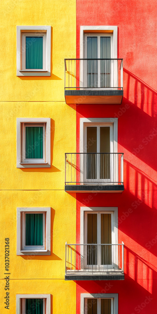 Colorful building facade with balconies casting shadows in bright yellow and red Colorful building facade with balconies casting shadows in bright yellow and red