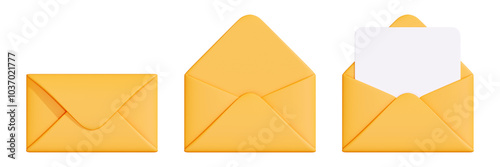 Sequence showing closed, partially open, and open yellow envelopes with a white card inside, representing communication stages. 3D render illustration