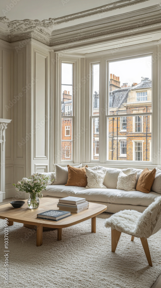 Fototapeta premium Cozy living room featuring large windows and minimalist decor in an urban apartment