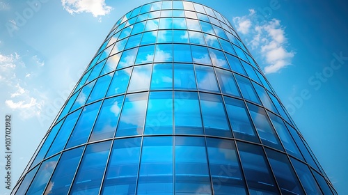 Low angle shot of blue glass building on blue sky background 