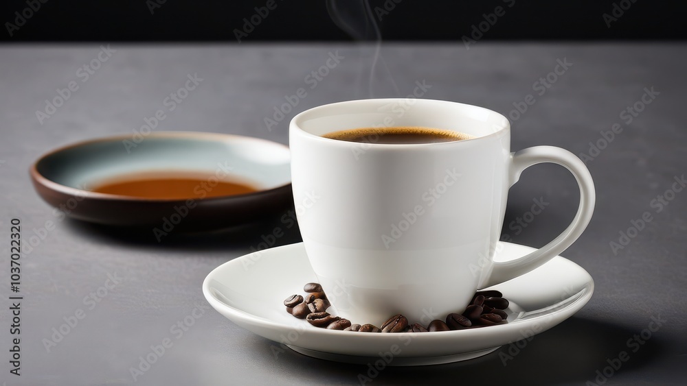 A sleek white cup holds freshly brewed coffee on a matching saucer against a smooth gray background. The scene captures a tranquil coffee moment. A sleek white cup holds freshly brewed coffee on a matching saucer against a smooth gray background. The scene captures a tranquil coffee moment.