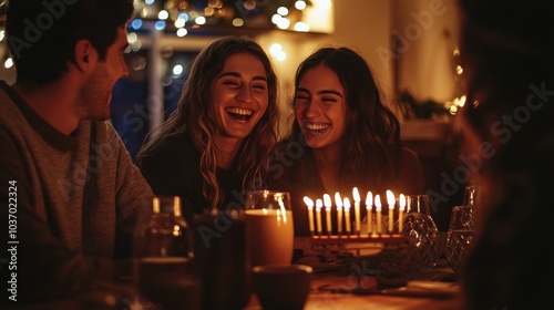 Friends sitting in a cozy den sipping hot chocolate and enjoying a Hanukkah night the glow of the menorah lighting up their laughter and warmth photo