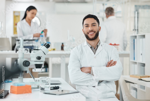 Research, portrait and man in laboratory with confidence, smile and medical science innovation. Healthcare, happy and scientist at desk with arms crossed, study or pride in pharmaceutical engineering