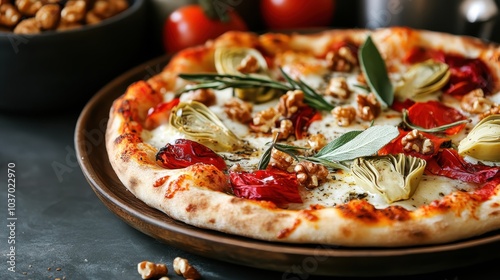 A mouthwatering artisan pizza decorated with roasted peppers, artichoke hearts, walnuts, and fresh herbs, placed on a classic wooden serving platter. photo