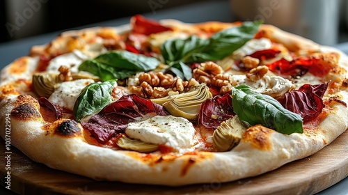 A delectable pizza adorned with walnut halves, pesto, basil leaves, and roasted red peppers, served on a stone base displaying depth in texture and flavor. photo