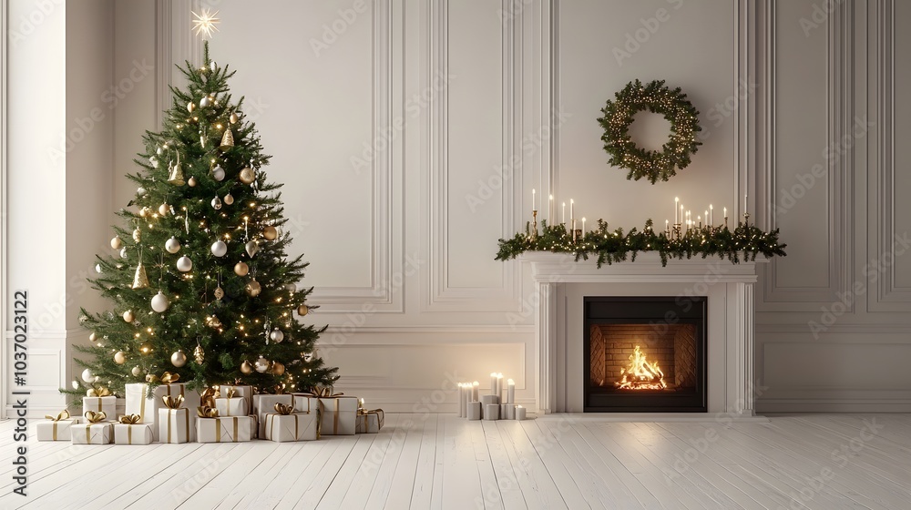 Minimalist Christmas interior with off-white walls, a decorated tree with warm lights, and a cozy holiday atmosphere in Scandinavian style with soft lighting. Minimalist Christmas interior with off-white walls, a decorated tree with warm lights, and a cozy holiday atmosphere in Scandinavian style with soft lighting.
