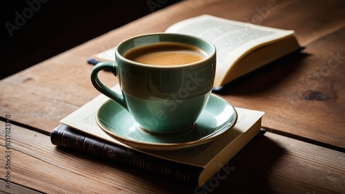 A white cup of tea sits on a saucer in front of an open book on a wooden table, creating a cozy and inviting atmosphere for reading and relaxation.